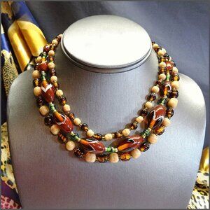 1950s Bohemian Triple Strand Tortoise Glass Vintage Necklace